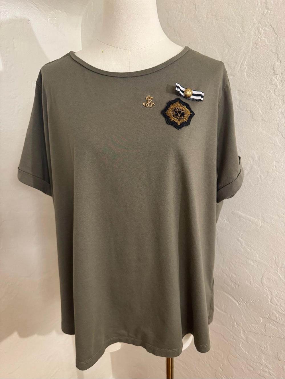 Women’s Lauren Ralph Lauren 2X Olive Green Military Crest Embellished Top